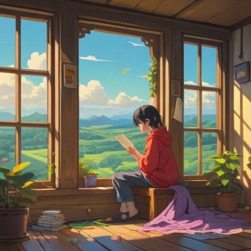 A serene morning scene, a person sitting by a window, peaceful sunlight streaming in, soft sounds of nature outside, a lucky charm placed on the table, a gentle aura of positivity, vibrant colors, detailed atmosphere, warm and uplifting mood, 4k