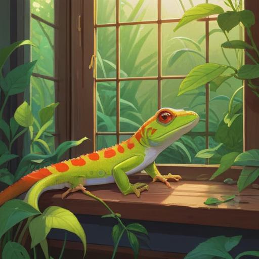 A serene morning scene featuring a gecko resting on a sunlit windowsill, soft golden rays illuminating its scales, lush green plants in the background symbolizing growth and renewal, gentle aura surrounding the gecko, representing spiritual guidance and positive energy, tranquil atmosphere, harmony with nature, 4k