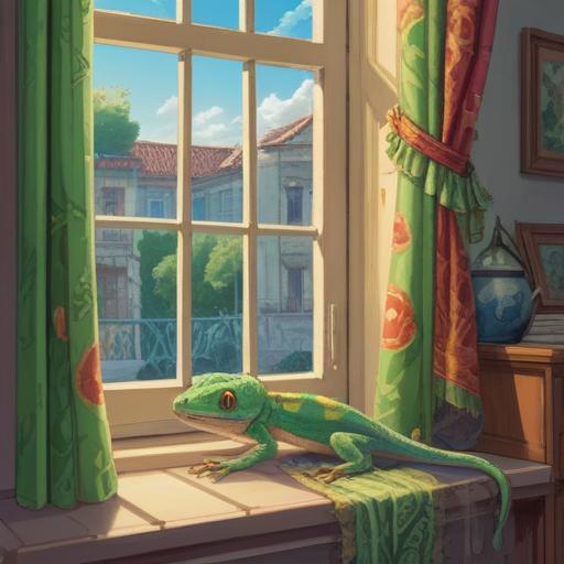 A serene morning scene with a gecko appearing on a windowsill, soft light filtering through curtains, symbolic representation of spiritual awareness, warm colors, peaceful atmosphere, intricate details of the gecko's texture, nature elements surrounding the scene, hint of mystical energy, inviting aura, 4k