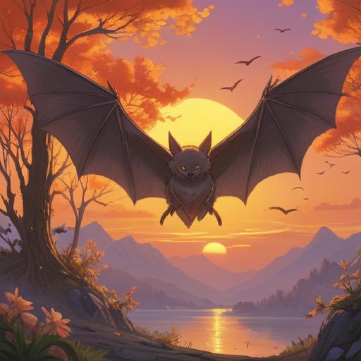 A serene morning scene featuring a bat emerging from the dawn light, soft golden hues illuminating the sky, symbolic representation of spiritual transformation, gentle mist rising from the ground, lush green trees framing the scene, ethereal atmosphere, peaceful and reflective mood, 4k