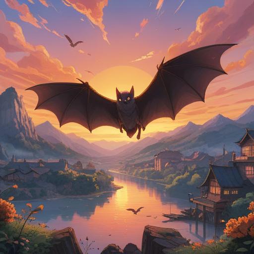 A serene morning scene featuring a bat soaring gracefully through a vibrant sunrise, symbolizing spiritual guidance, soft light illuminating its wings, lush green trees in the background, a sense of tranquility and positivity, ethereal atmosphere, detailed foliage, 4k