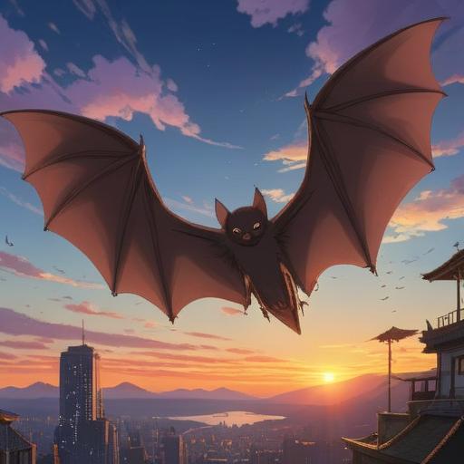 A mystical sunrise scene, a silhouette of a bat flying against the early morning sky, soft rays of light illuminating the horizon, symbolic elements such as feathers and crystals scattered on the ground, the atmosphere filled with a sense of awakening and spiritual awareness, vibrant colors representing hope and intuition, 4k