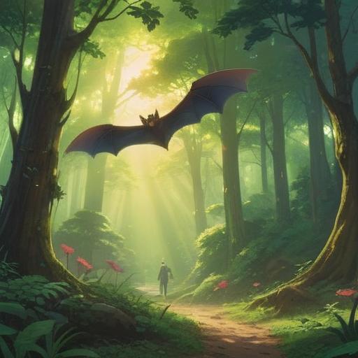 A magical morning scene, encountering a bat flying gracefully, sunlight filtering through the trees, vibrant green forest, soft rays illuminating the bat, a sense of wonder and luck, whimsical atmosphere, gentle breeze, 4k