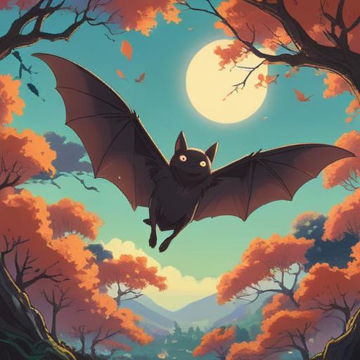 A serene morning scene, gentle sunlight filtering through trees, a peaceful encounter with a bat, soft rustling leaves, expressive emotions, calming atmosphere, nature's harmony, detailed flora and fauna, vibrant color palette, 4k