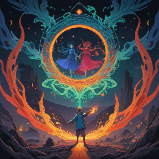 A vivid representation of a person engaged in a spiritual competition, two figures embodying contrasting energies, mystical symbols surrounding them, vibrant auras reflecting their emotions, an ethereal landscape with floating orbs of light, expressive facial features showing determination and focus, deep connection to the cosmos, harmony between rivalry and inner growth, 4k