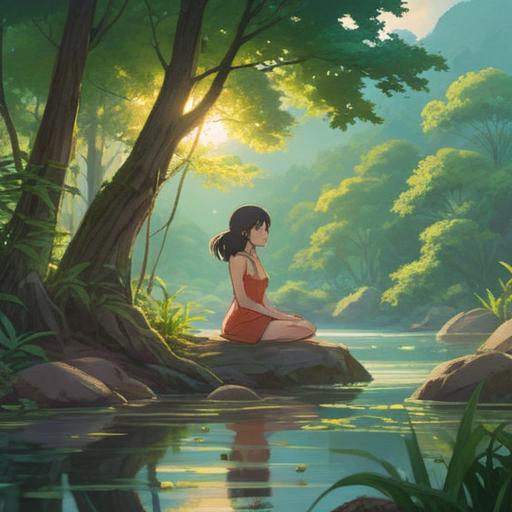 A serene landscape depicting a tranquil moment of mindfulness, soft sunlight filtering through lush green trees, a figure meditating by a calm river, gentle ripples reflecting the sky, harmonious connection with nature, peaceful expression, symbolic elements of spirituality such as lotus flowers and butterflies, vibrant colors, inviting atmosphere, 4k