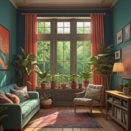 A peaceful and harmonious home interior, warm natural light filtering through windows, soft textures and minimalistic decor, plants flourishing, a cozy reading nook, spiritual symbols subtly integrated, an aura of tranquility and mindfulness, 4k