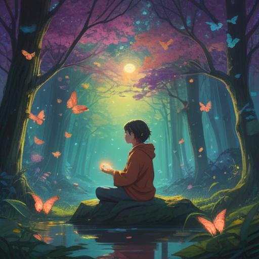 A serene and reflective scene, a person meditating in nature, surrounded by fluttering butterflies and glowing orbs of light, illustrating spiritual signs, soft rays of sunlight breaking through the trees, a calming river flowing nearby, vibrant greenery, a sense of tranquility and mindfulness, an ethereal atmosphere, 4k