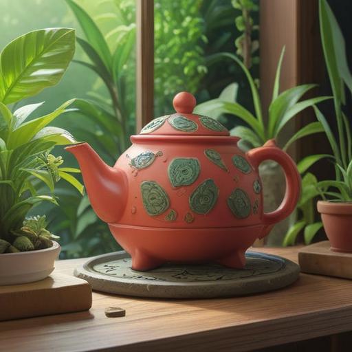 A collection of lucky items for maintaining a mindful lifestyle, featuring a beautifully crafted ceramic teapot, a vibrant green houseplant, a cozy woven blanket, a handmade journal with intricate patterns, a calming scented candle, warm sunlight streaming through a window, peaceful indoor setting, harmonious and inviting atmosphere, 4k