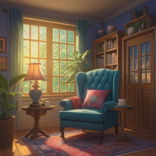 A cozy home setting, featuring a comfortable armchair, a steaming cup of tea on a side table, soft sunlight streaming through the window, a bookshelf filled with inspiring books, calming decorative plants, relaxing atmosphere, warm color palette, inviting ambiance, intricate details, 4k