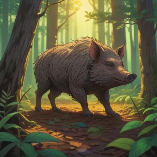 A serene forest scene, a majestic wild boar standing peacefully among ancient trees, soft rays of sunlight filtering through the leaves, a sense of spiritual connection and harmony, lush undergrowth, gentle wildlife around, ethereal atmosphere, vibrant nature, symbolism of wisdom and strength, 4k