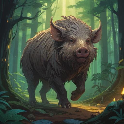 A powerful wild boar standing majestically in a serene forest, surrounded by soft glowing light, symbolizing spiritual guidance and positive signs, lush green foliage, gentle sunlight filtering through the trees, peaceful atmosphere, intricate details, uplifting energy, 4k
