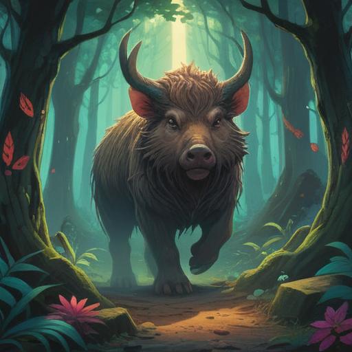 A spiritual scene depicting a wise boar in a mystical forest, radiant light filtering through the trees, symbolic runes glowing gently around the boar, a serene atmosphere, the boar conveying caution with its expression, lush greenery and ethereal mist, soft color palette, 4k