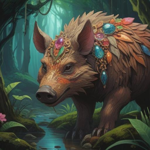 A lucky jewelry piece inspired by an encounter with a wild boar, intricate design, sparkling gemstones, earthy colors, nature elements incorporated, surrounded by forest foliage, symbolizes strength and protection, vibrant details, harmonious blend with the environment, 4k