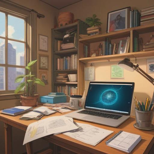 A serene and organized workspace, neatly stacked papers and folders, a laptop open displaying graphs and notes, a cup of coffee on the side, nature-inspired decor such as plants, bright and airy lighting, a sense of productivity and focus, harmonious atmosphere, balanced composition, 4k