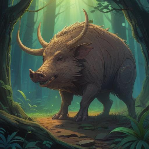 A mystical depiction of a wild boar in a serene forest, surrounded by ethereal lights, symbolizing strength and earthiness, intricate details of the boar's fur, soft haze in the air, a tranquil stream flowing nearby, symbolic elements such as ancient trees and subtle spiritual motifs, warm and inviting colors, 4k