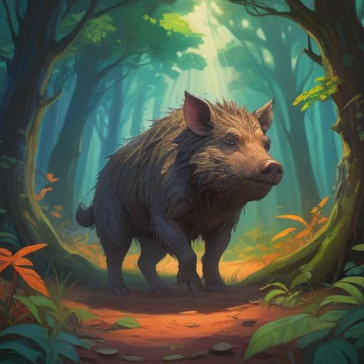 A serene forest setting, a majestic wild boar standing proudly among ancient trees, ethereal light filtering through the leaves, symbolizing spiritual guidance, harmony with nature, peaceful atmosphere, soft shadows, interconnectedness of life, 4k