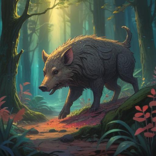 A mystical forest scene, ethereal light filtering through the trees, a wild boar appearing as a spiritual guardian, important warning signs depicted in the surroundings, vibrant flora and fauna, tranquil yet cautionary atmosphere, deep connection to nature, intricate symbolism, 4k