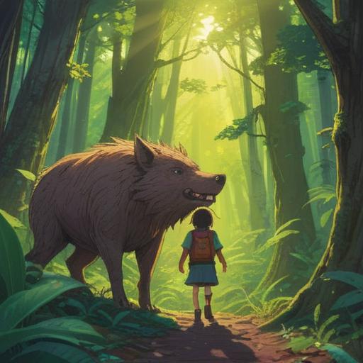 A whimsical illustration of a person discovering a lucky charm after encountering a wild boar, vibrant forest setting, lush greenery, sunlight filtering through the trees, the boar appearing friendly and approachable, a sparkling lucky item in hand, playful expression of wonder, magical atmosphere, vivid colors, intricate details, enchanting wildlife, 4k
