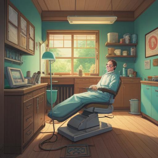 A serene illustration depicting a dentist's office, a patient smiling in a dental chair, bright and welcoming colors, a gentle aura of healing, symbolic elements like soft light radiating from dental tools, a background with soothing plants, a sense of comfort and spiritual well-being, 4k
