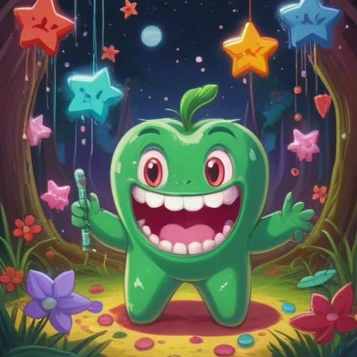 A whimsical illustration of a lucky charm after a dental treatment, featuring a smiling tooth character, sparkles and stars surrounding, bright and cheerful colors, elements of good luck like a four-leaf clover, a small toothbrush and dental tools in the background, playful cartoon style, uplifting atmosphere, 4k