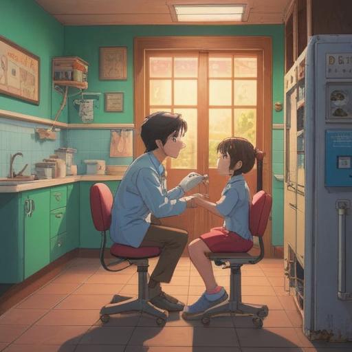 A comforting scene of a child in a dental clinic after a tooth treatment, a gentle smile on their face, a caring dentist offering reassurance, bright and cheerful colors, toys and drawings on the walls, a sense of safety and healing, emotional support, warm lighting, soft and inviting atmosphere, 4k