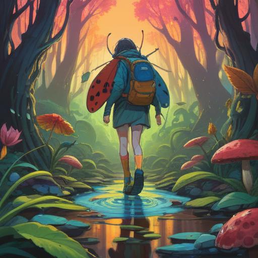 A surreal illustration depicting a person unintentionally stepping on a bug, vivid colors, symbolic imagery, spiritual awakening, reflection of remorse, nature elements surrounding, ethereal light, deep metaphor, emotional expression, 4k