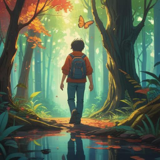 A reflective scene depicting a person stepping on an insect, soft light filtering through trees, a moment of realization, symbols of growth and transformation, serene nature background, ethereal glow representing spiritual signs, contemplative expression on the person's face, 4k