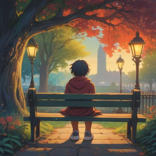 A serene outdoor scene, a person sitting on a park bench, taking deep breaths to clear their mind, a subtle look of relief on their face, surrounding nature with vibrant greenery and flowers, soft sunlight filtering through leaves, gentle breeze, peaceful atmosphere, mindfulness, 4k