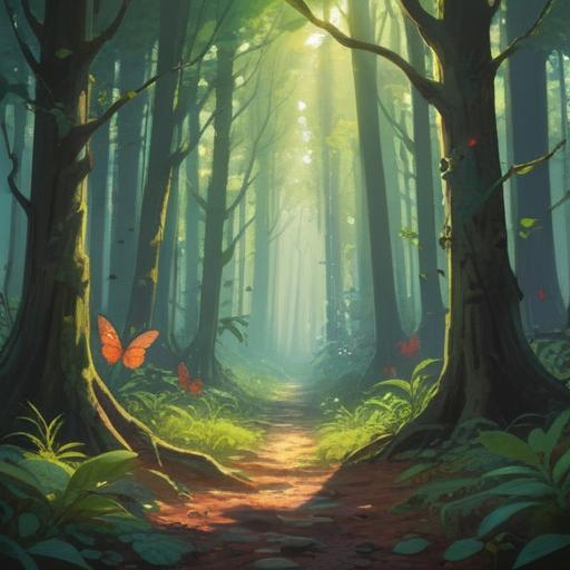 A mystical scene depicting insect exoskeletons scattered on the forest floor, soft beams of sunlight filtering through the trees, a sense of spiritual awakening, symbols of transformation and change, ethereal atmosphere, intricate details of the shells, vibrant greenery surrounding the area, a haunting yet serene environment, 4k