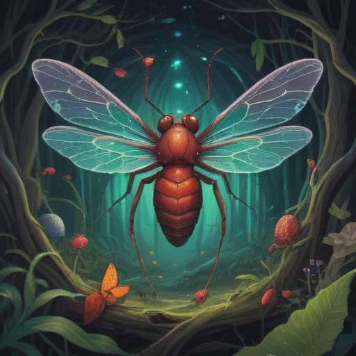 A mystical illustration of insect remains, ethereal glow surrounding the carcasses, symbolic representation of transformation and rebirth, intertwined with nature and spirituality, detailed close-up of the exoskeleton, serene forest background, dreamlike atmosphere, captivating color palette, 4k