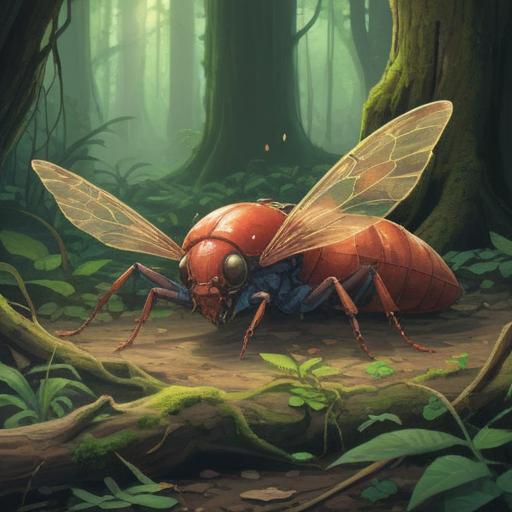 A mystical scene depicting a delicate insect carcass lying on a ancient forest floor, surrounded by ethereal light, symbolic energy patterns emanating from the insect, subtle hints of nature's cycle, a sense of caution and awareness in the environment, spiritual elements represented by soft glows, detailed natural textures, inviting yet eerie atmosphere, 4k