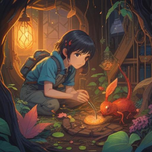 A surreal illustration of a person discovering a lucky charm after finding an insect carcass, vibrant colors, contrasting elements, whimsical atmosphere, detailed textures, a mix of nature and fantasy, intricate background with plants and small creatures, conveying a sense of wonder, 4k
