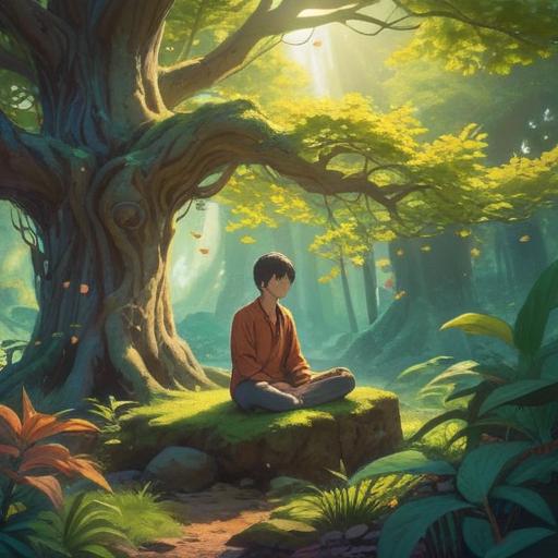 A mystical and serene landscape, a person meditating under a large tree, gentle sunlight filtering through the leaves, symbols of enlightenment and spiritual growth surrounding them, colorful insects flying around, a sense of calm and harmony, vibrant colors, ethereal glow, 4k