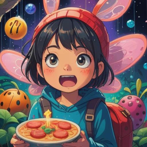 A whimsical illustration of a person with a playful expression, being playfully bitten by a cartoonish bug, surrounded by sparkling lucky charms like four-leaf clovers and horseshoes, bright colors, cheerful atmosphere, vibrant details, an exaggerated style, depicting good fortune and happiness, 4k