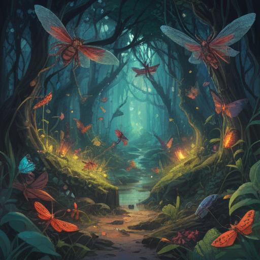 A mystical illustration depicting a vast swarm of insects, symbolizing spiritual transformation, vibrant colors reflecting the chaos and beauty of nature, ethereal light illuminating the scene, intricate details on each insect representing various spiritual meanings, surreal landscape enhancing the otherworldly feel, deep emotional resonance, 4k
