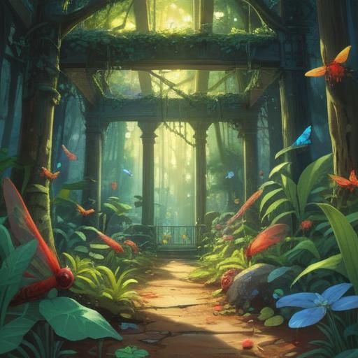 A surreal scene depicting a vast garden filled with colorful, swarming insects, symbolizing spiritual awakening, vibrant sunlight filtering through leaves, ethereal glow surrounding the insects, harmonious balance between nature and spirit, lush flora in the background, intricate patterns formed by the insects, serene atmosphere, 4k