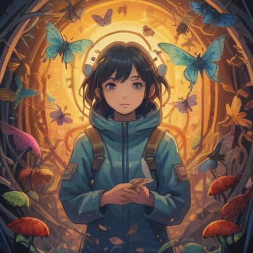 A surreal illustration of a person surrounded by swarming insects, vibrant colors, symbolic representations of spiritual signs in the background, ethereal glow, focus on the individual’s contemplative expression, lush natural environment, contrasting dark and light elements, intricate details on insects, sense of urgency, 4k