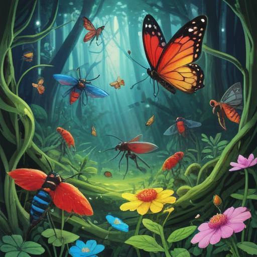 A whimsical and vibrant illustration depicting a swarm of colorful insects overcoming challenges, bright and hopeful atmosphere, several magical lucky charms scattered throughout, lush greenery in the background, insects interacting playfully with the charms, detailed textures, enchanting sunlight filtering through leaves, vibrant colors, 4k