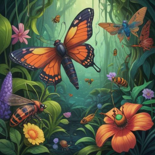 A vibrant ecosystem illustration, showcasing the symbiotic relationship between insects and plants, diverse species of insects interacting with flowers, educational elements highlighting the importance of biodiversity, lush greenery, clear blue sky, detailed textures of plants and insects, bright colors, serene atmosphere, 4k