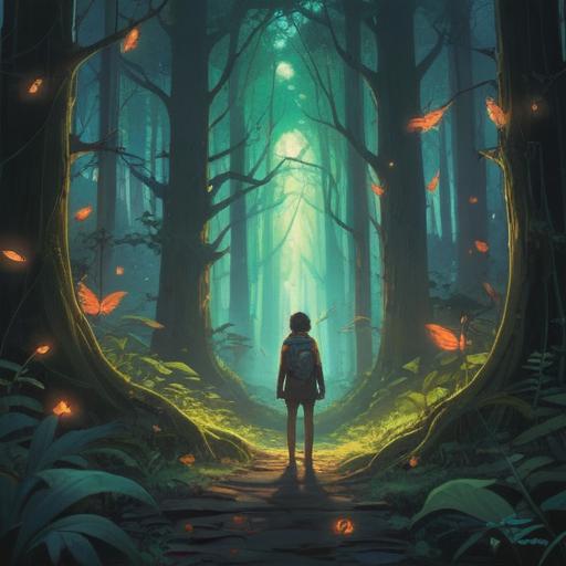 A mystical and ethereal scene depicting the connection between fear and spiritual awakening, an individual standing in a serene forest surrounded by glowing insects, butterflies softly landing nearby, beams of light filtering through the trees, a gentle aura enveloping them, expressions of awe and contemplation, vibrant colors, harmonious blend of nature and spirituality, 4k resolution