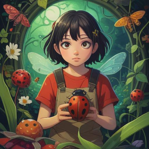 A whimsical illustration of a young person surrounded by various lucky items to overcome their fear of insects, featuring a charm shaped like a ladybug, a four-leaf clover, a small totem with a butterfly design, bright and cheerful colors, a sunny garden setting with friendly insects, encouraging atmosphere, expressive facial expressions, playful details, 4k
