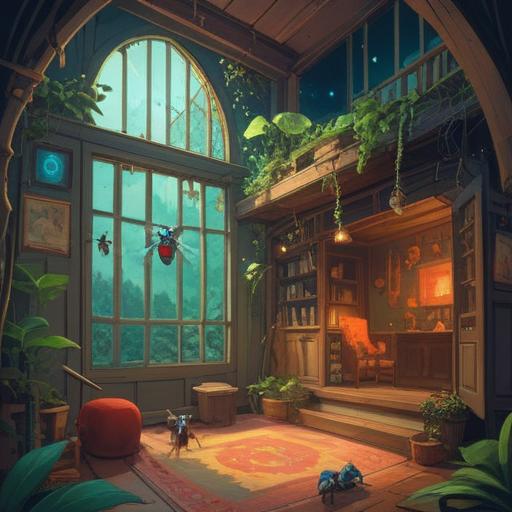 A spiritual illustration depicting insects inside a house, symbolizing hidden worries and concerns, ethereal light illuminating the scene, insects representing transformation and change, cozy home environment, harmonious color palette, mystical atmosphere, detailed textures, 4k