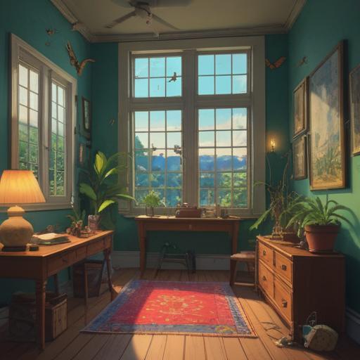 A serene indoor scene featuring various insects, soft light filtering through a window, butterflies gracefully fluttering around, a gentle spider weaving a delicate web in the corner, symbolism of transformation and spirituality, harmonious coexistence of nature and home, peaceful ambiance, 4k