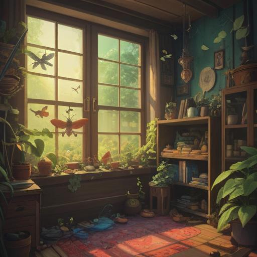 A mystical scene depicting various insects scattered throughout a cozy home, symbolic representation of spiritual signs, soft light filtering through a window, a serene atmosphere, subtle hints of ancient wisdom in the decor, colorful insects contrasting with warm interior tones, a person observing with curiosity, ethereal glow around the insects, inviting ambiance, 4k