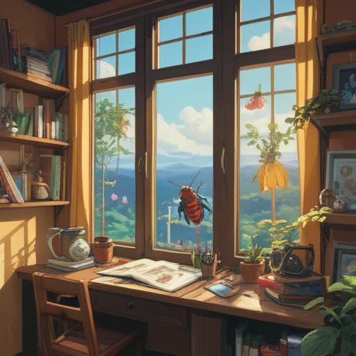 A cozy indoor scene, a small cute insect, bright sunlight streaming through the window, a lucky charm hanging nearby, vibrant colors, a sense of wonder, soft focus, warm and inviting atmosphere, whimsical details, 4k