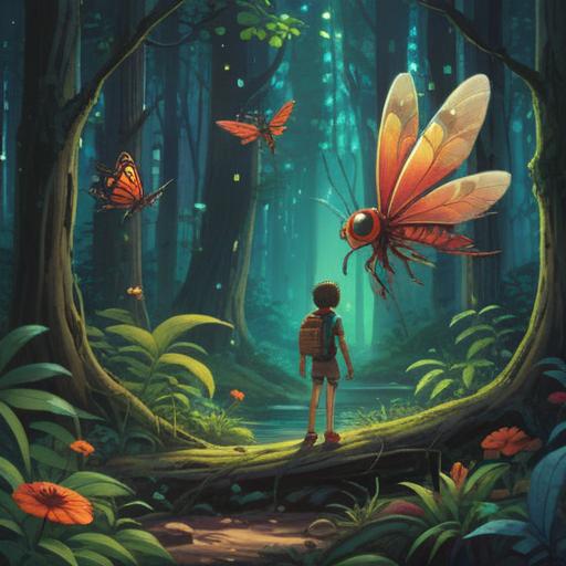 A magical forest scene, a young explorer discovers a glowing insect, vibrant colors, lush greenery, intricate details of nature, a sense of wonder and curiosity, insects of various shapes, sizes, and colors, sparkling light reflecting off the creature, serene atmosphere, potential for adventure and discovery, dreamlike quality, 4k
