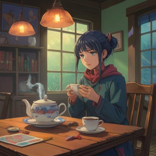 A serene and introspective illustration, depicting a person sitting at an empty table with a steaming cup of tea, soft light filtering through a window, gentle wisps of mist curling around them, surrounded by ethereal symbols representing memory and awareness, a tranquil indoor setting, calming colors, deep reflection, inviting atmosphere, 4k