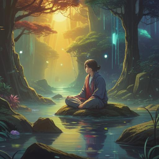 A serene scene depicting a person in meditation, surrounded by ethereal light, symbols of forgotten orders floating gently in the air, a peaceful expression on their face, nature in the background with soft colors, a sense of enlightenment and clarity, a harmonious atmosphere, mystical elements, spiritual awakening, 4k