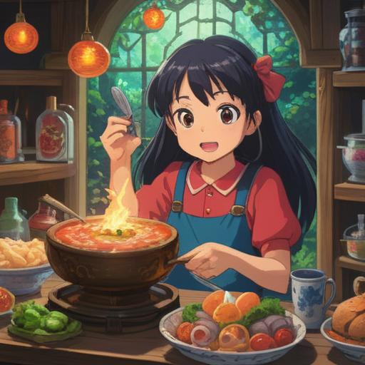 A surprised character discovering a forgotten order, a look of delight on their face, bright colors, whimsical setting, magical food items appearing around, cheerful atmosphere, dynamic composition, expressive facial expressions, 4k